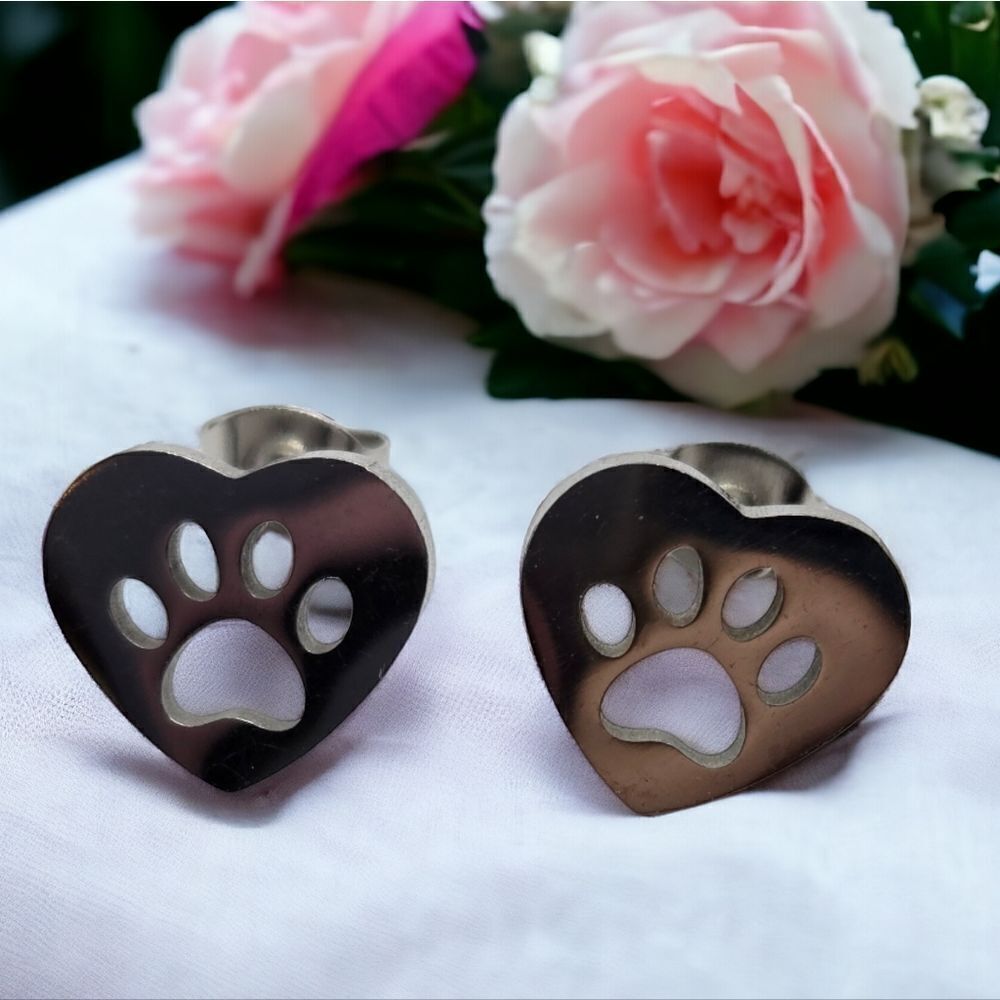 🐶 Heart Paw Earrings Stainless Steel Cat Dog Pierced Ears Pet Mom Jewelry NEW